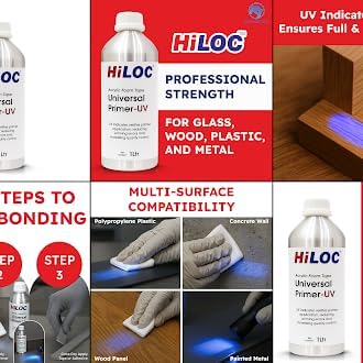HiLOC Universal Primer UV For Acrylic Foam Tape,1 Ltr, Surface Primer for Polypropylene, Abs, Metals, Wood, Glass & Painted Metal, For Professional & Industrial Use With UV Indicator Technology 2