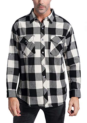 COEVALS CLUB Men's Long Sleeve 100% Cotton Two Pockets Plaid Soft Fleece Flannel Shirt (#5 Write/Black, XL)
