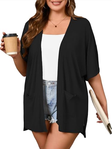 AusLook Plus Size Women's Knit Short Sleeve Lightweight Open Front Cardigans Shrugs Shawls and Wraps Jacket Coat with Pockets