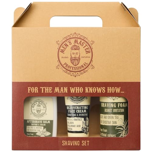 Set de regalo para hombre 3 piezas de Men's Master, Shaving Set, Espuma hidratante de afeitar, Bälsamo para después del afeitado y Crema rejuvenecedora