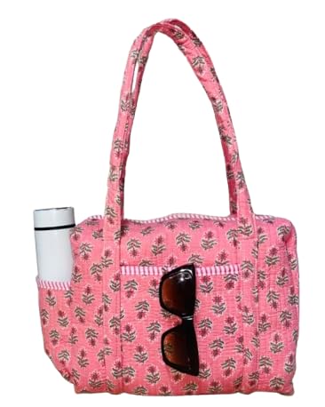 CottonHandloom Quilted Travel Duffle Weekender Bags for Women Carry on Overnight Bag with Toiletry Bag, Block print Gym Duffel Bag with Hospital gifts