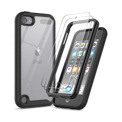 iPod Touch 7 Case, iPod Touch 6 Case with Tempered Glass Screen Protector [2 Pack], LeYi Full-Body Protective Hybrid Rugged Shockproof Bumper Clear Case for Apple iPod Touch 7th / 6th / 5th Gen, Black