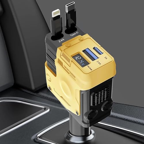 Image of Muvit Retractable Car Charger 120W 4-in-1 Fast Charging Car Phone Charger with 31.5 Inch Retractable Cables & 2 USB Ports | Compatible with iPhone 16 /15 /14 /13 /12 Pro Max /XR, iPad, Pixel,Samsung-Yellow
