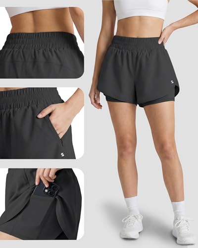 Stelle 2 in 1 Womens Running Shorts High Waisted Athletic Workout Gym Short with Zip Pockets (Grey,XXL) — view 4