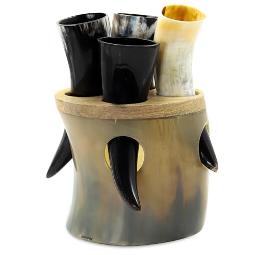 Viking - Set di 4 bicchieri da liquore in corno di bue, realizzati a mano, con supporto in legno e sacchetto regalo, bicchieri per idromele per birra, whisky, feste