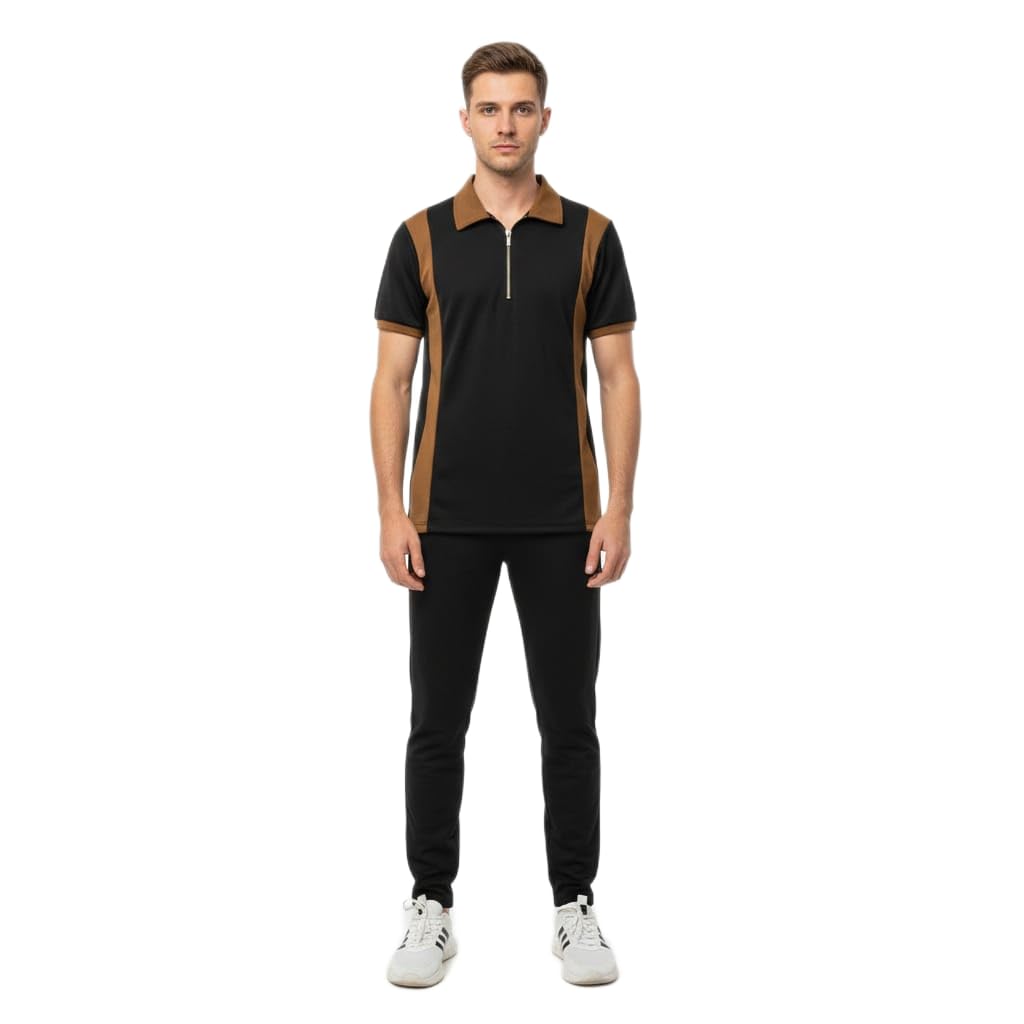 Men's Tracksuit Set, Slim Fit Polo T-Shirt with Track Pants, Camel Brown and Black Color Block, Breathable Activewear for Gym Running Workout (IN, Alpha, 2XL, Regular, Black)