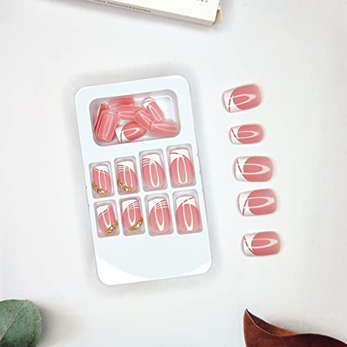 French Press On Nails Short Square Fake Nails Stick On Nails Pink Nude Acrylic Nails Glue On Nails With Rhinestones Designs White French Tip Artificial Nails For Women Girls 24Pcs Square Fake Nails #TOP3