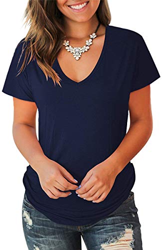Jescakoo Womens Deep V Neck Short Sleeve Shirts Graphic Casual Tees Tops Navy XL