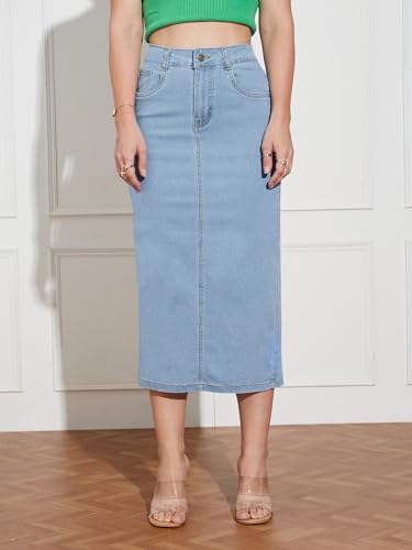 Image of Dolce Crudo Women's Flared High-Rise Stretchable Denim Maxi Skirt