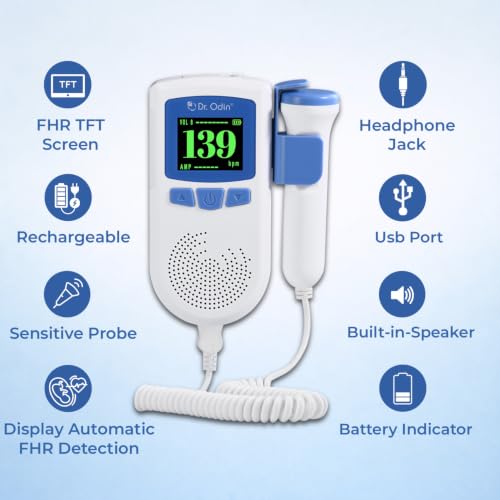 Image of Dr. Odin OAD51B Fetal Doppler with Ultrasound Gel, Built-in Speaker, Noise Reduction - Heartbeat Detection Device for Listening to Baby's Heartbeat at Home (White & Blue)