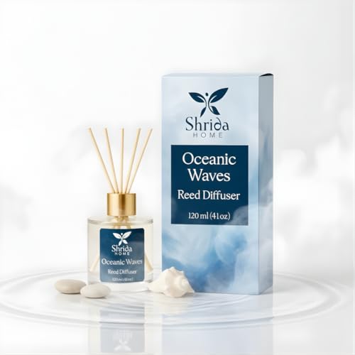 120ml Oceanic Waves Reed Diffuser Glass Set, Fresh Aroma Oil with 6 Rattan Sticks, Long-Lasting & Toxin-Free Room Freshener, Refreshing Ocean Breeze for Home, Bathroom & Office, Ideal Gift