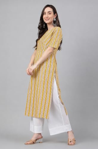 Image of Janasya Women's Mustard Pure Cotton Striped Printed Straight Kurta