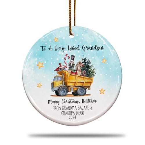 Personalized Grandson Truck Ornament, Custom Ceramic Xmas Ornament Gifts from Grandpa Grandma for Kids Boy Grandchildren