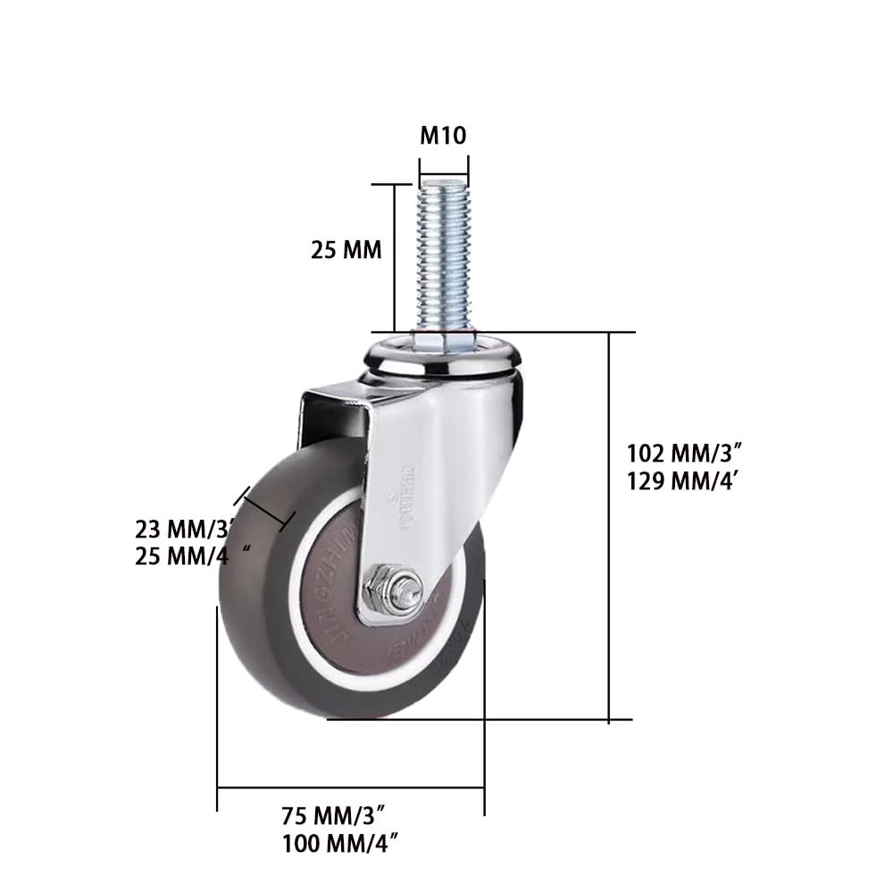 M10 Stelo Filettato Ruote, 4 Pezzi TPE Ruote in Gomma con Freni, 3/4 Pollice Silenziose Ruote Pivottanti per Armadi, Carrelli, Mobiletti(Swivel,3 inch)