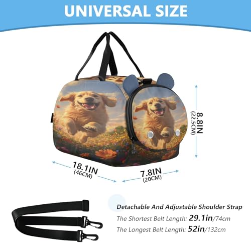 Retriever Flower Field Golden Kids Travel Duffel Bag for Boys Girls Overnight Weekend Tote Bag with Shoes Compartment for Beach Swim Trip3