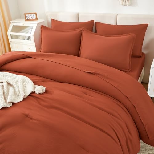 Litanika Burnt Orange Comforter California King Size Set - 7 Pieces Terracotta Bed in a Bag California King Bedding Comforter Sets, Plain Lightweight Bed Set