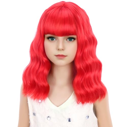 Image of Red Wig Short Red Wavy Curly Wigs with Air Bangs Synthetic Cosplay Hair Wig