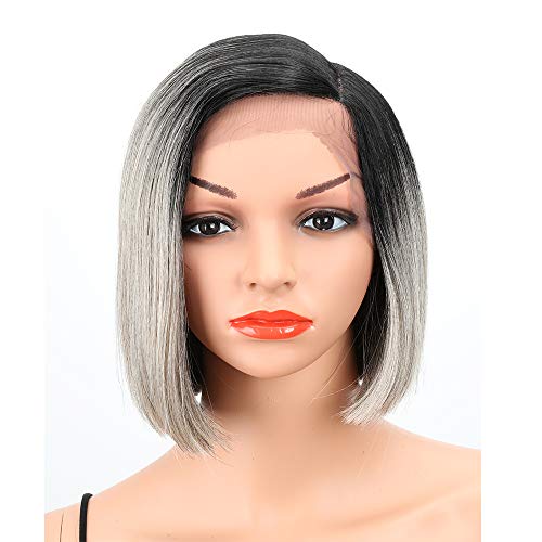 Eliza Short Bob Wigs L Part Lace Front Wigs with Baby Hair Heat Resistant Synthetic Wigs For Black Women Half Hand Tied 130% Density Ombre Blonde Wigs with Dark Roots(Ombre Gray)