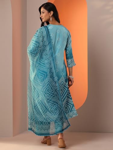 Image of Libas Blue Printed Chinon Straight fit Kurta set for Women | daily wear suit