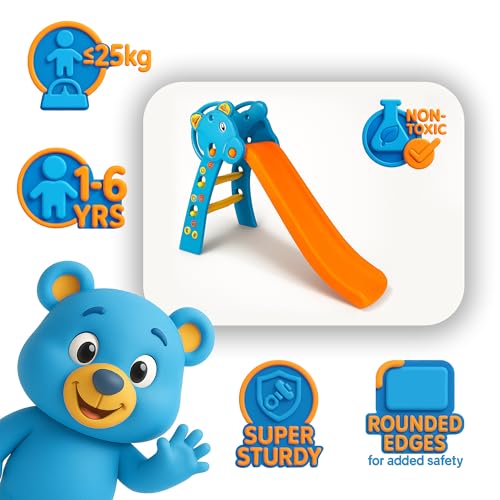 BabyGo Nara Kids Toy Slide, Foldable Toddler Slide for Indoor & Outdoor, Sturdy Plastic (140×80×60 cm), Up to 25 kg, 1–5 Years, BIS/is 9873 Tested (Orange-Blue)