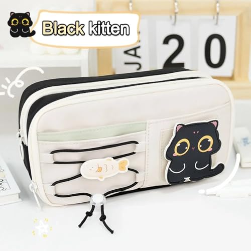 Image of Invite Large Capacity Cute Aesthetic Pencil Case with Multi Compartments, Multi-Pocket Pastel Pen Pouch Organizer with Zipper, Kawaii School Supplies Bag for Girls, Teens & Students (Black Cat)