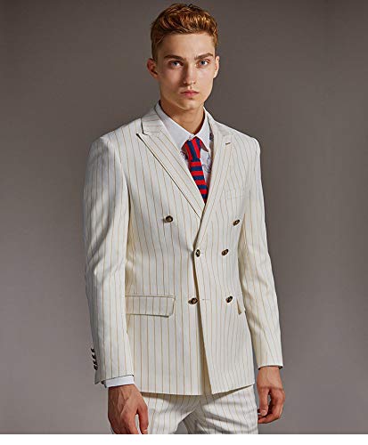 Men's Double Breasted Pinstripe Ivory with Gold Strip Suit Slim Fit Peak Lapel Wedding Tuxedo Sets2