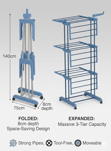 Image of 3-Tier Metal Clothes Drying Stand with 360 Rotating Wheels, Foldable Hanger Stand for Indoor and Outdoor Use, Blue
