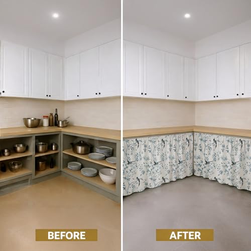 Image of LINENWALAS Under Sink Curtain for Kitchen - Pack of 2 | 150x70 cm Cotton Under-Sink Cover | Washable Storage-Hiding Curtain with Rod Pocket | Kitchen & Bathroom Cabinet Cover (Bird Paradise)