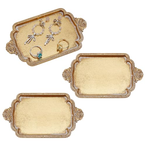 INFUNLY Lot de 3 plateaux à bijoux vintage dorés de 14 x 8,4 cm - En laiton antique - Petit plat à bijoux - Porte-bagues baroque - Décoration de chambre...