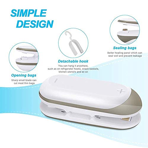 2 in 1 mini-zakverzegeling en snijder met haak draagbare handheld batterij aangedreven warmte sealer voor chipzakken plastic zakken voedselopslag (kleur: wit