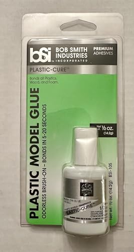 Bob Smith Plastic-Cure Model Glue, 1/2 oz, Odorless Brush-On, Bonds Plastics Wood Foam, Great for Plastic Model Cars, Model Railroad Structures. BSI, Hobby Bolts. Made in The USA.