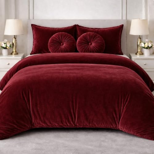 Image of Sands Luxurious 6Pc Bedding Set for Winter, 1 Double Duvet Cover,1 Double Bed bedsheet, 2 Pillow Covers, 2 Round Cushions, Ultra Soft Woollen Bedsheet Set- 90X100 inches (Maroon)