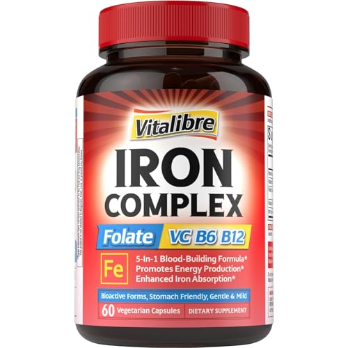 Iron Supplement for Women & Men, with Vitamins C, B6, B12 & Folate for Iron Deficiency, Blood Building & Energy Support, Stomach Friendly, Better Absorption, Non-GMO, No Gluten, 60 Vegan Caps