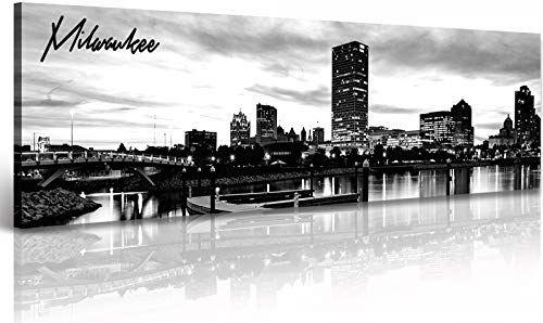 Image of DJSYLIFE Milwaukee Skyline Wall Art Black and White Stretched Canvas Wall Art Prints for Bedroom or Office Decoration Ready to Hang 13.8 inch x 47.3 inch