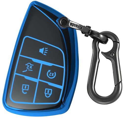 Kirsnda for chevrolet key fob cover with keychain Protective key case Compatible with GMC Canyon Sierra Colorado Equinox Silverado Suburban Tahoe Remote key shell Accessories 5 buttons blue