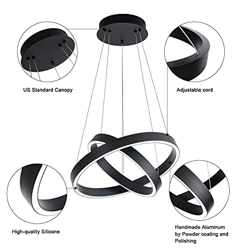 Image of MADEM Modern LED Pendant Light 2-Ring Circular Contemporary Chandelier | Room Decor Flush Mount Pendant Lighting for Living Dining Room Bedroom,6000K Cool White,36W,Black