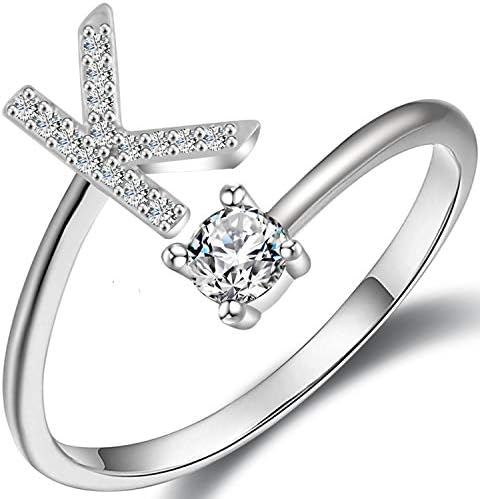 Haoze Initial Letter Ring for Women Girls Silver Stackable Alphabet Rings with Initial Adjustable Crystal Inlaid Initial Rings Bridesmaid Gift(K)