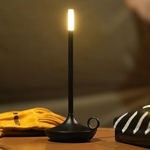 Cordless Table Lamp, Innovative Flameless Candle Lamp, Touch Control, 3 Levels Brightness Dimmable, Minimalist Metal Ambient Lamp for Bedroom Bar Christmas Decorations (Black)