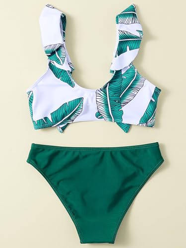 Image of Girl's 2 Piece Bikini Set Tropical Print Self Tie Bathing Suit Swimwear Green 140