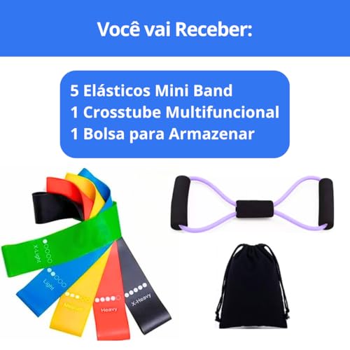 Kit 5 Mini Bands + 1 Crosstube Faixas Elásticas Multifuncional 5 Níveis Tensão Pilates Yoga Alongame