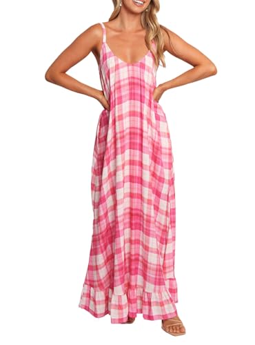 LASPIA Spaghettiträger-Kleider für Damen, kariert, V-Ausschnitt, Maxi-Sommerkleid, Strandkleid, langes Kleid mit Taschen, Pink, X-Groß