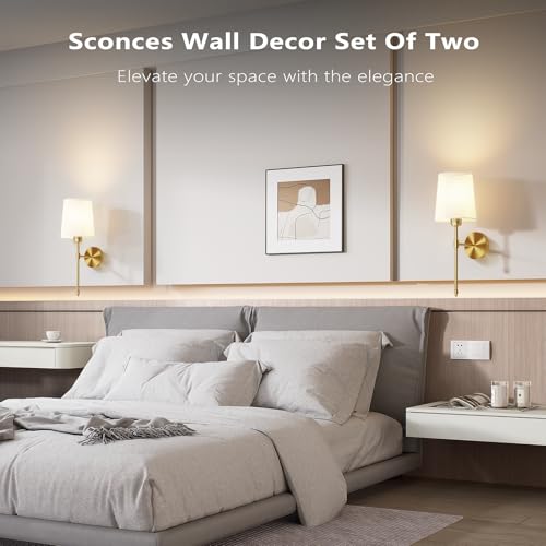 Image of Ouyulong Battery Operated Wall Sconces Set of 2, Wireless Rechargeable Dimmable Wall Light with 5600mAh RGB Bulb and Remote for Bedroom, Living Room, Hallway, Gold, 19in