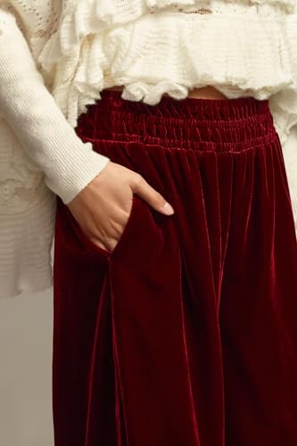 Women's Velvet Pants High Elastic Waist Wide Leg Long Pants Casual Lounge Palazzo Pant Vintage Loose Fit Trouser Red3