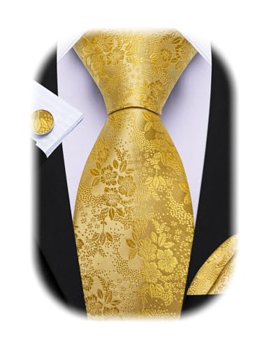 Image of Barry.Wang Flower Ties for Men Silk Woven Floral Tie Sets Necktie Handkerchief Cufflinks Wedding Party