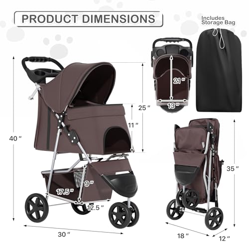 Image of MoNiBloom Foldable Dog Strollers for Small Dogs with Weather Cover, 3 Wheels Pet Strolling Cart for Dogs and Cats with Storage Basket and Cup Holder, Breathable and Visible Mesh for All-Season, Coffee