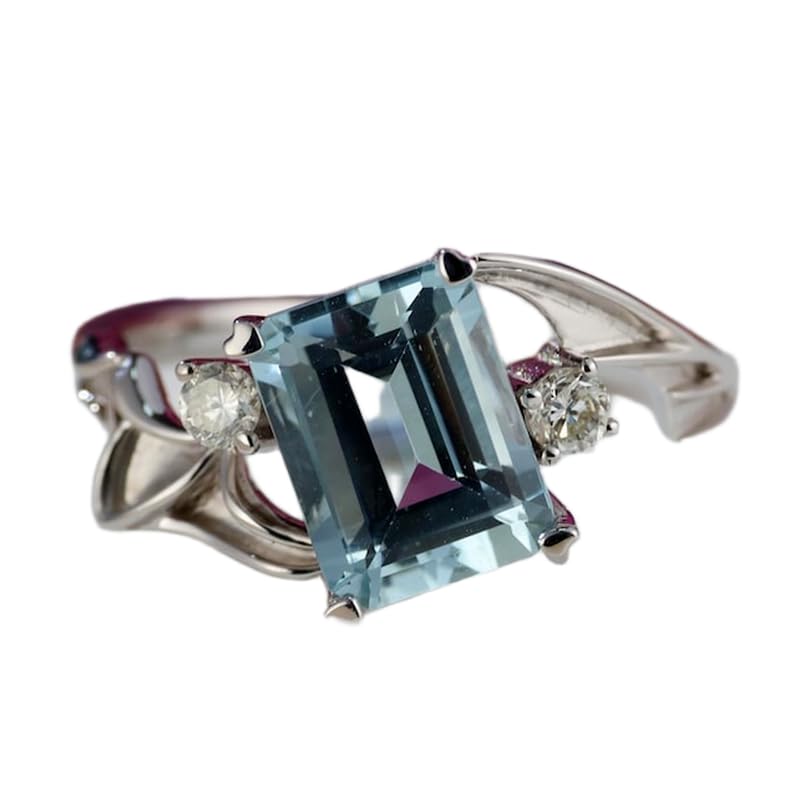 Bague aigue-marine naturelle en argent 925 imposante et anneau serti de diamants
