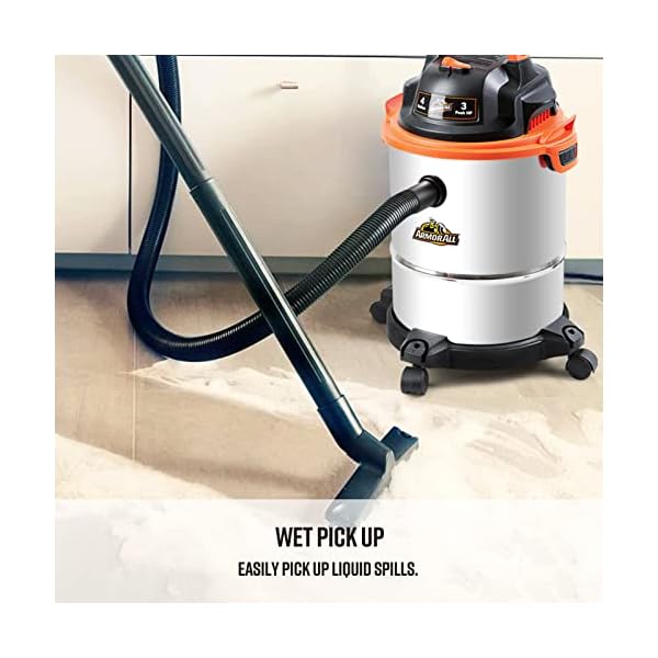 Armor All VO408S 0901 4 Gallon Wet/Dry Vac 3.0 Peak HP Shop Vacuum with 3 Nozzles and 1 Brush, Stainless Steel Tank, Orange - Image 6