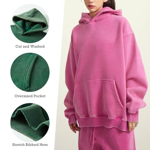 FAIABLE 2 Pack Acid Wash Oversized Vintage Unisex Heavyweight Distressed Cotton Fleece Washed Hoodie for Men Women Couples Streetwear College Black Pink3