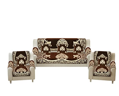 Image of Velvet Sofa Cover with Arm Cover and Cushion Covers Set of 5 Seater - Sofa Covers 3 Seater and 2 Seater Full Cover Set for Couch Seat - Heavy Fabric Sofa Slip Protector, 2701 Brown