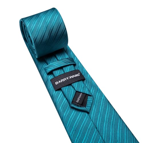 Image of Barry.Wang Solid Striped Tie for Men Silk Necktie Pocket Square Cufflinks Formal Wedding Party Business
